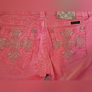 Miss Me Hot Neon Pink Jean Shorts with Silver Embellishments 31 NWOT